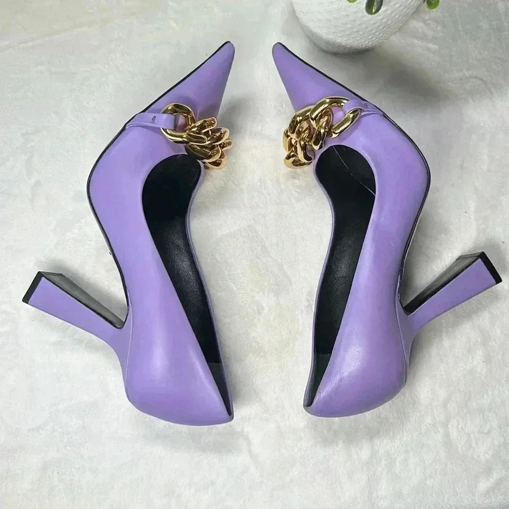 Versace SZ 7 Medusa Insignia Purple Gold Chain Heels Pumps - Picture 11 of 15